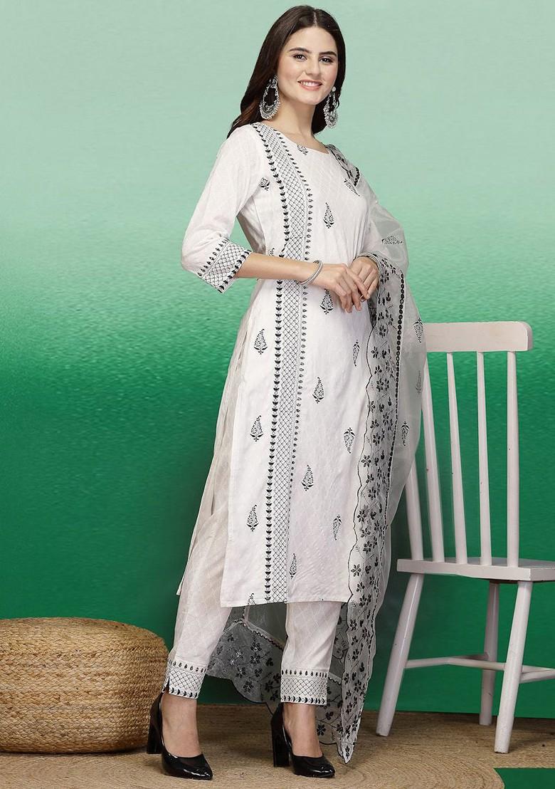 White Embroidered Blended Kurta Set - Indya