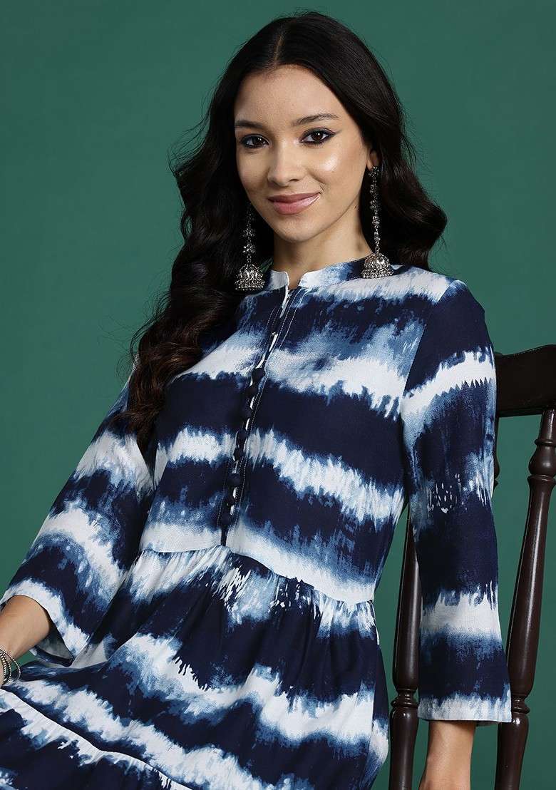 Navy Blue Printed Blended Kurta Set - Indya