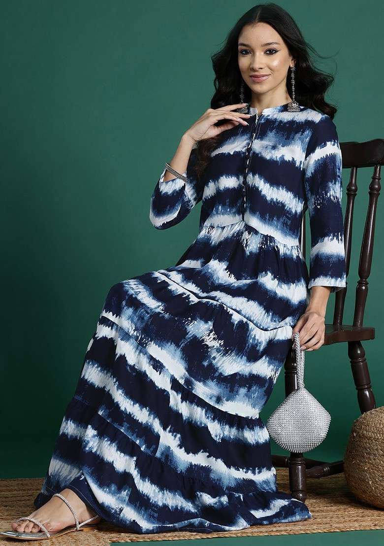 Navy Blue Printed Blended Kurta Set - Indya