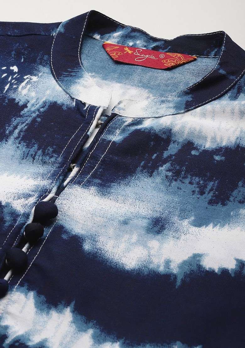 Navy Blue Printed Blended Kurta Set - Indya