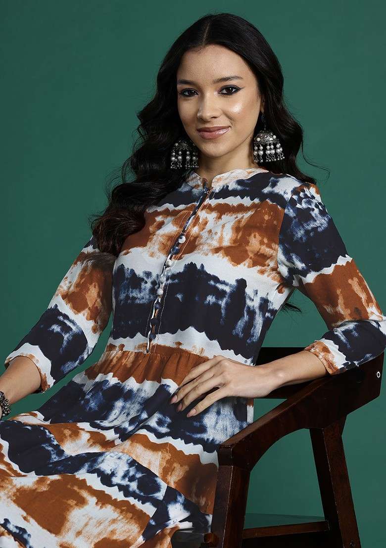 Navy Blue Printed Blended Kurta - Indya