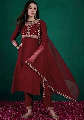 Maroon Embroidered Blended Kurta Set