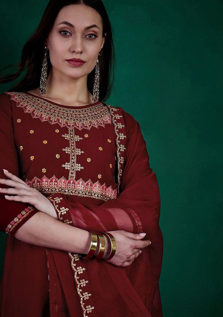 Maroon Embroidered Blended Kurta Set - Indya