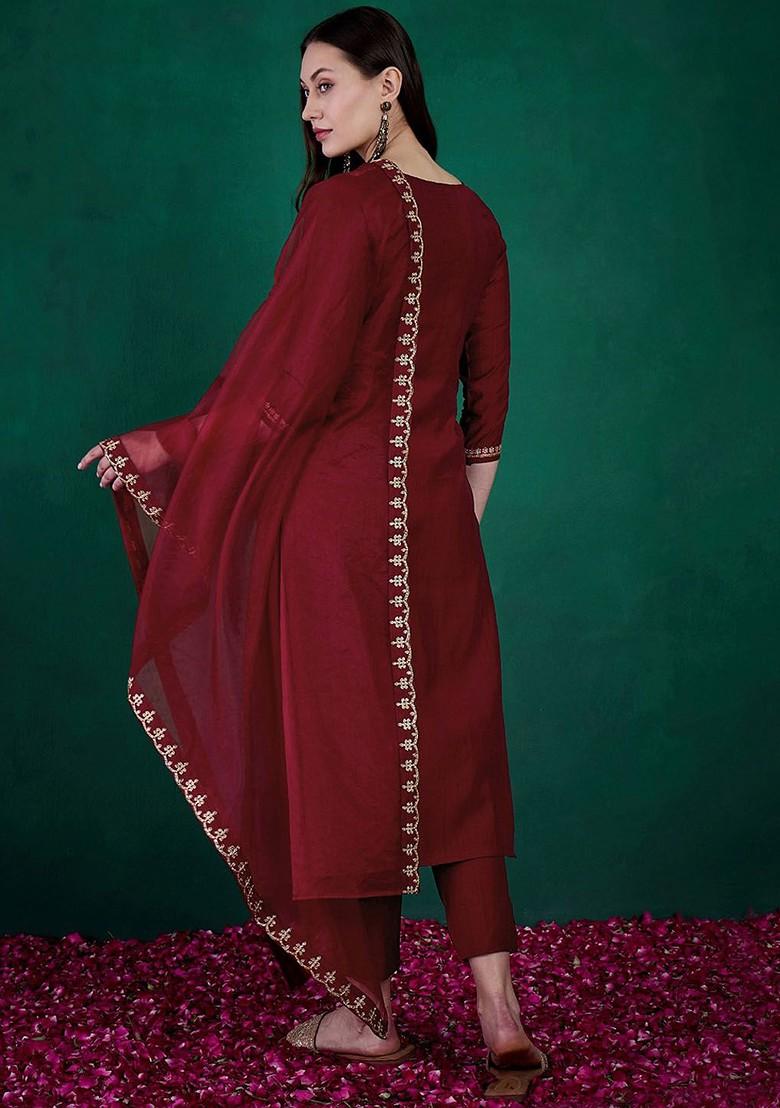 Maroon Embroidered Blended Kurta Set - Indya