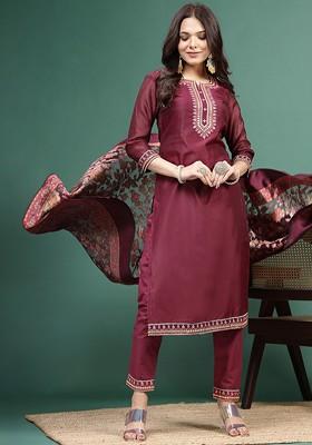 Burgundy Embroidered Blended Kurta Set