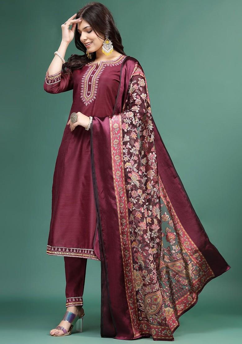 Burgundy Embroidered Blended Kurta Set - Indya