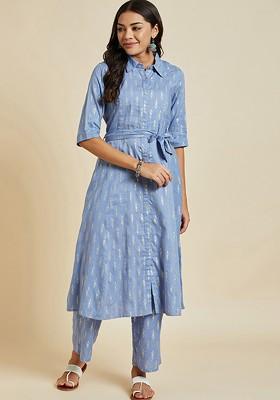 Turquoise Blue Printed Blended Kurta Set