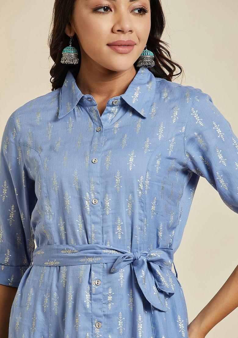 Turquoise Blue Printed Blended Kurta Set - Indya