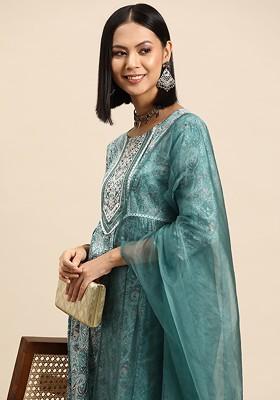 Teal Printed Blended Kurta Set