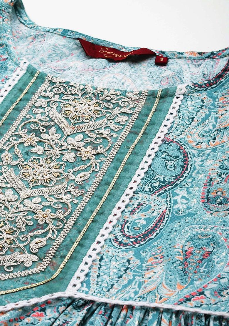 Teal Printed Blended Kurta Set - Indya