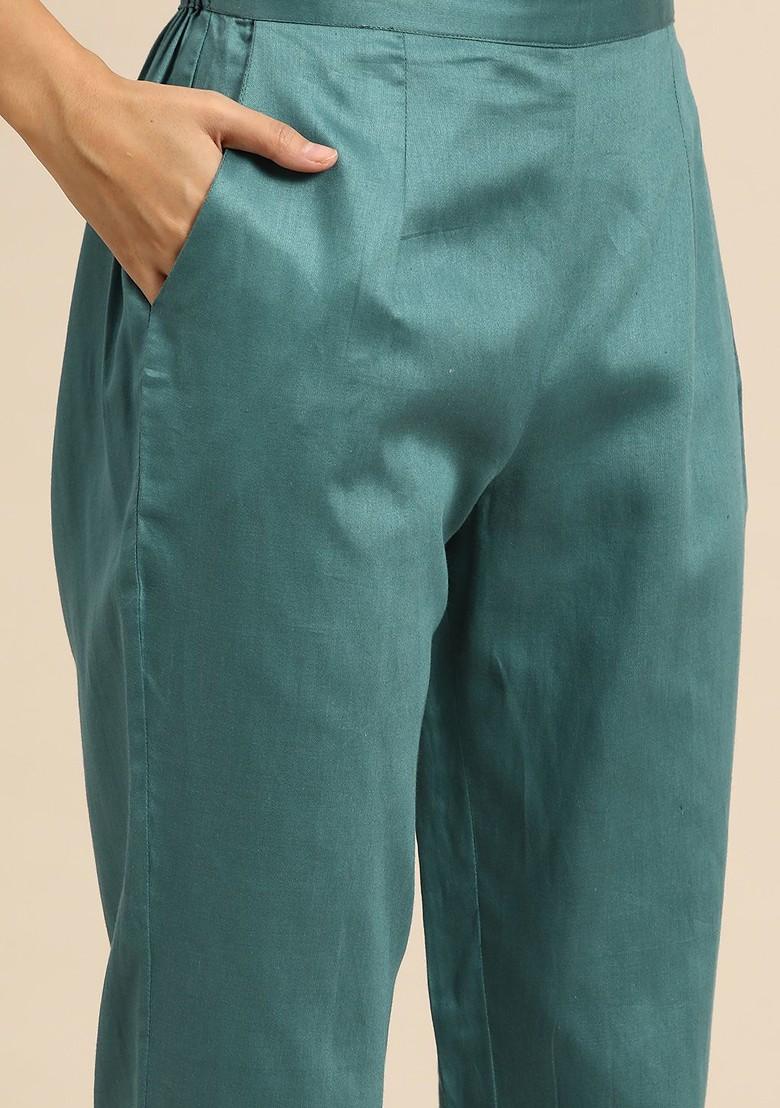 Teal Printed Blended Kurta Set - Indya