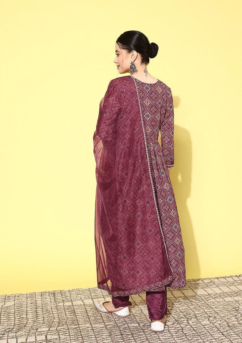 Magenta Yoke Design Blended Kurta Set - Indya