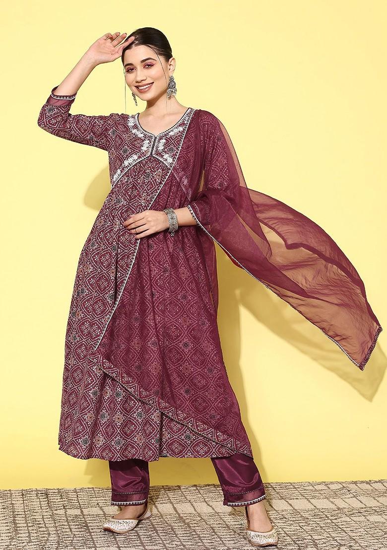 Magenta Yoke Design Blended Kurta Set - Indya
