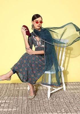 Teal Yoke Design Blended Kurta Set