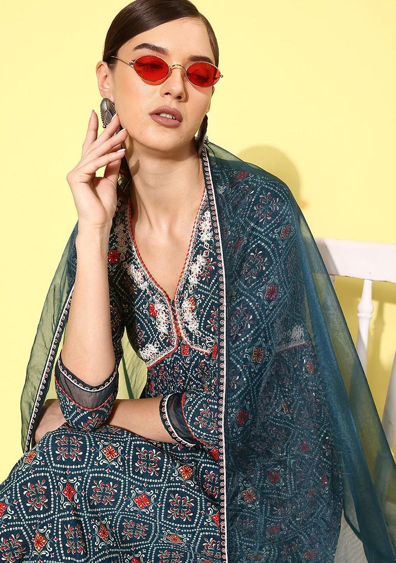 Teal Yoke Design Blended Kurta Set - Indya