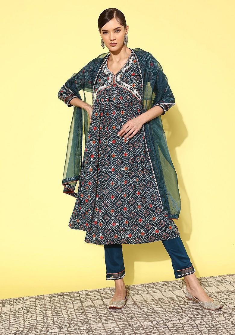 Teal Yoke Design Blended Kurta Set - Indya
