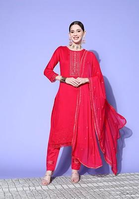 Magenta Embroidered Blended Kurta Set