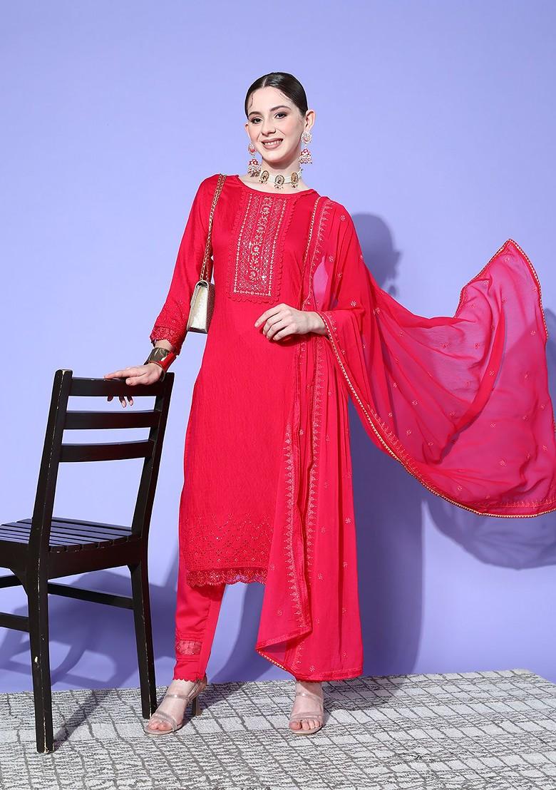 Magenta Embroidered Blended Kurta Set - Indya