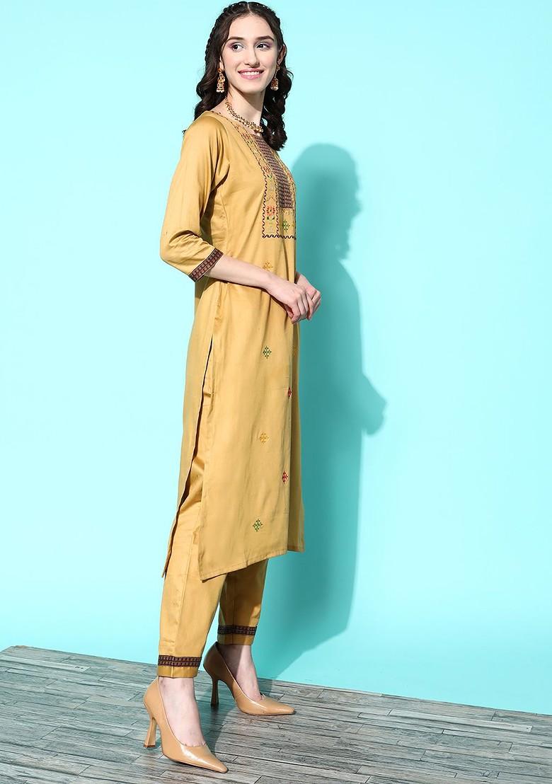Beige Thread Work Blended Kurta Set - Indya