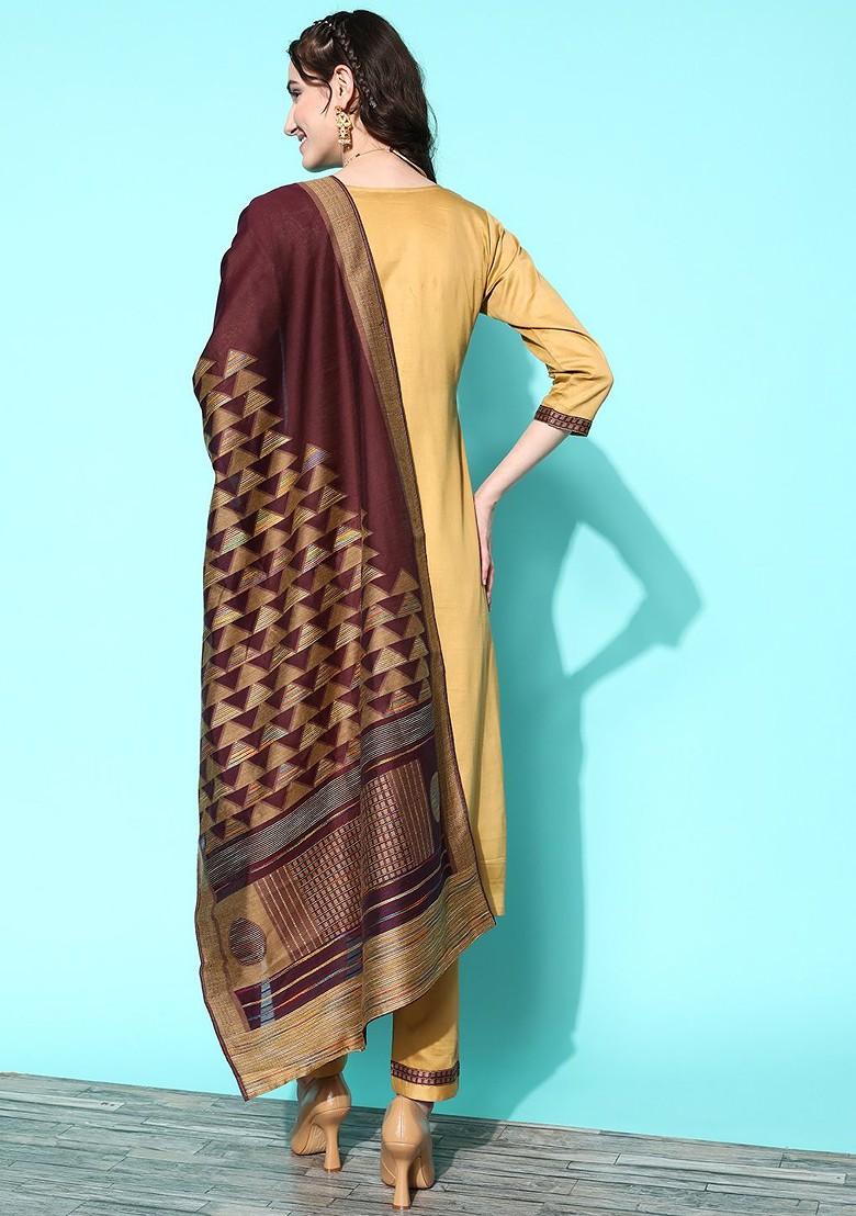 Beige Thread Work Blended Kurta Set - Indya