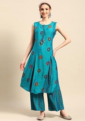 Teal Printed Blended Kurta Set