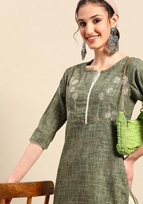 Green Thread Work Blended Kurta Set