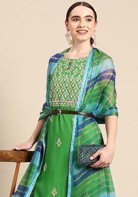 Green Woven Design Blended Kurta Set