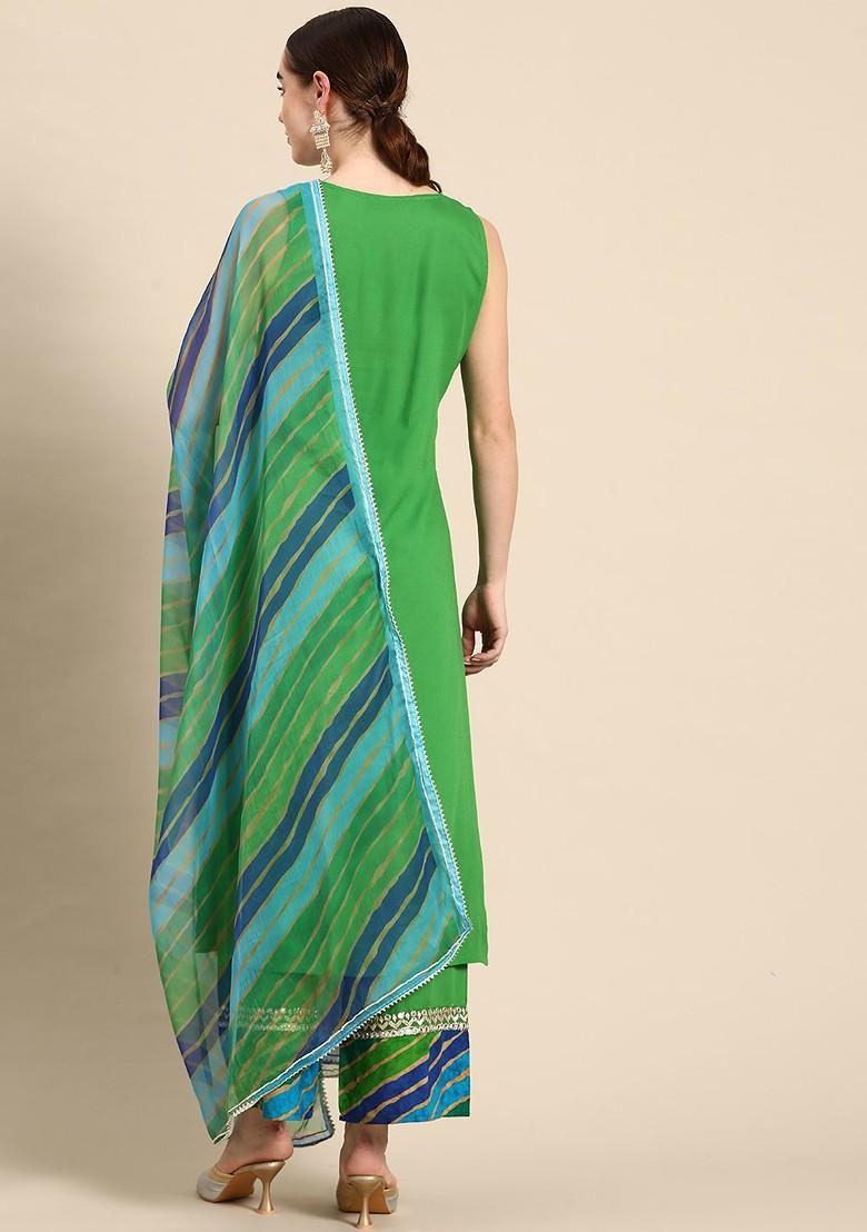 Green Woven Design Blended Kurta Set - Indya