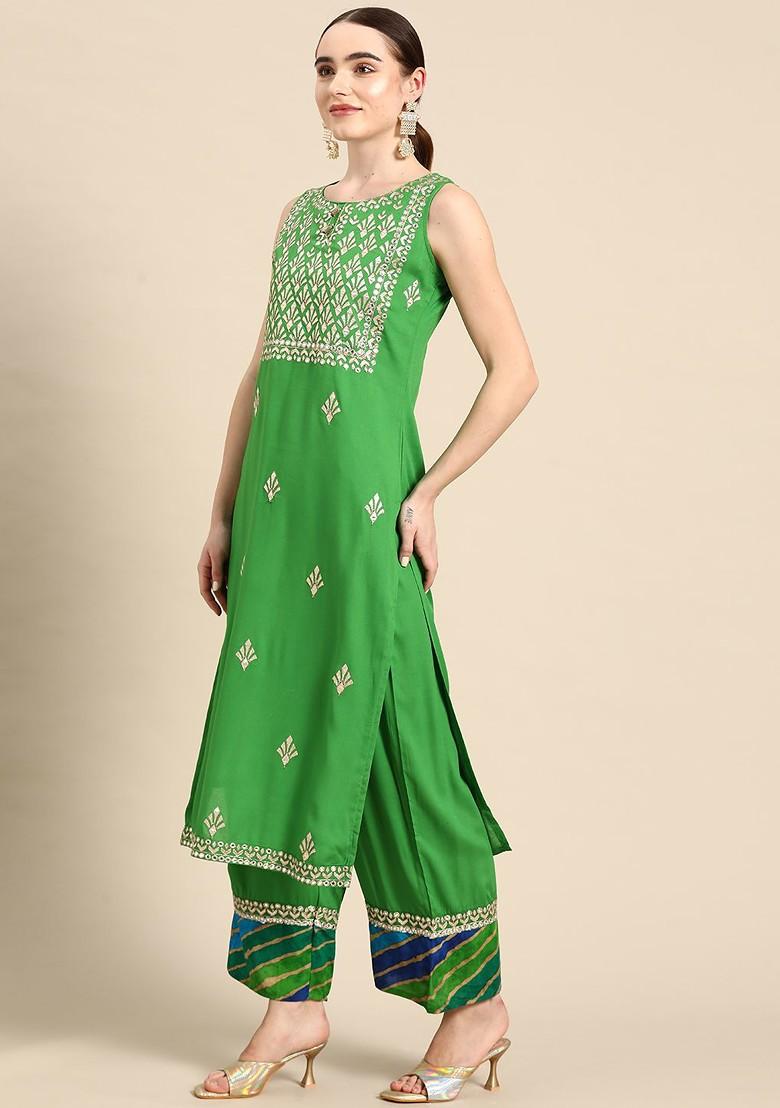 Green Woven Design Blended Kurta Set - Indya