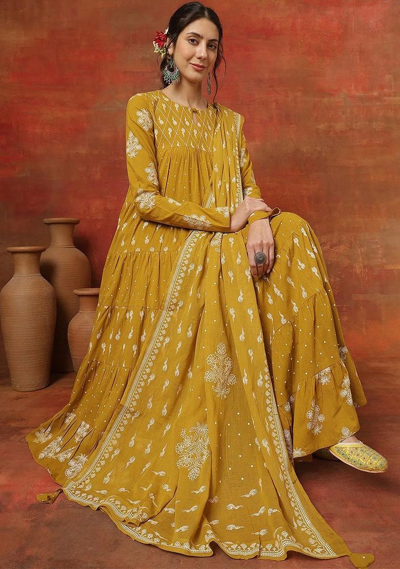 Mustard Printed Blended Kurta Set - Indya