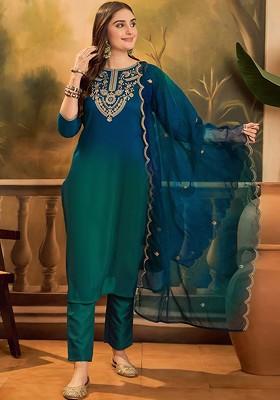 Teal Embroidered Blended Kurta Set
