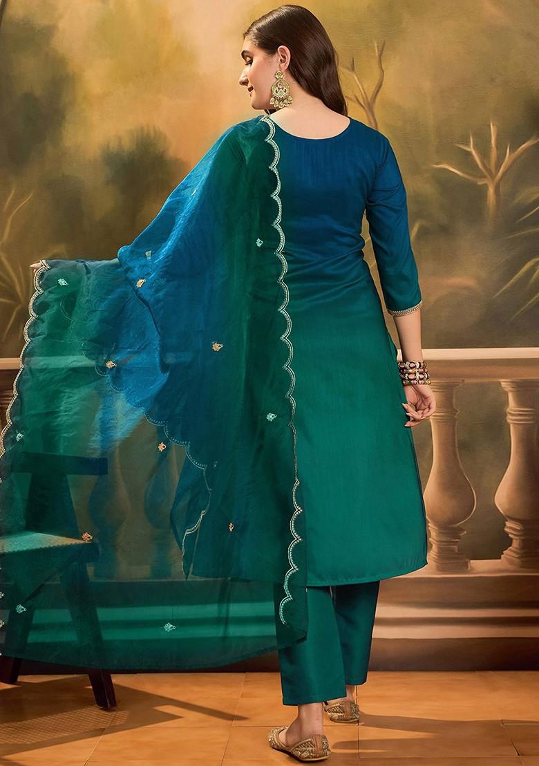 Teal Embroidered Blended Kurta Set - Indya