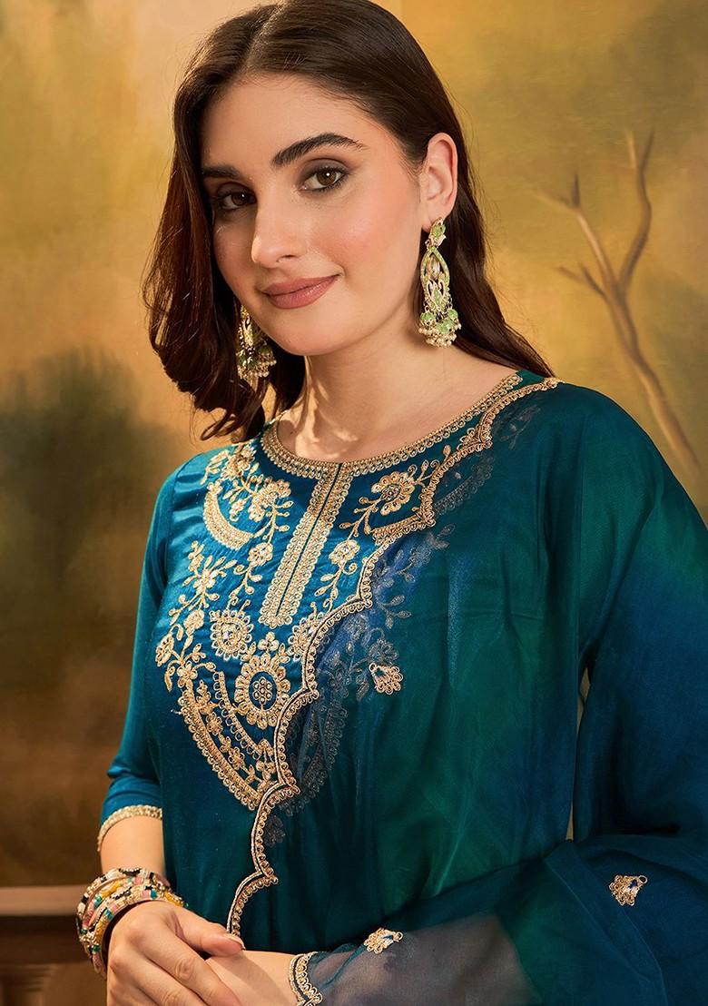 Teal Embroidered Blended Kurta Set - Indya
