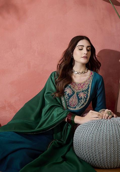 Teal Yoke Design Blended Kurta Set