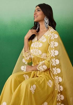 Yellow Embroidered Blended Kurta Set
