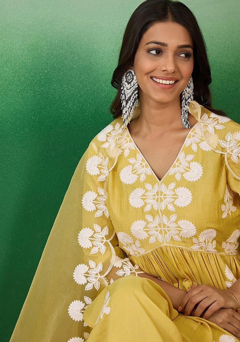 Yellow Embroidered Blended Kurta Set - Indya