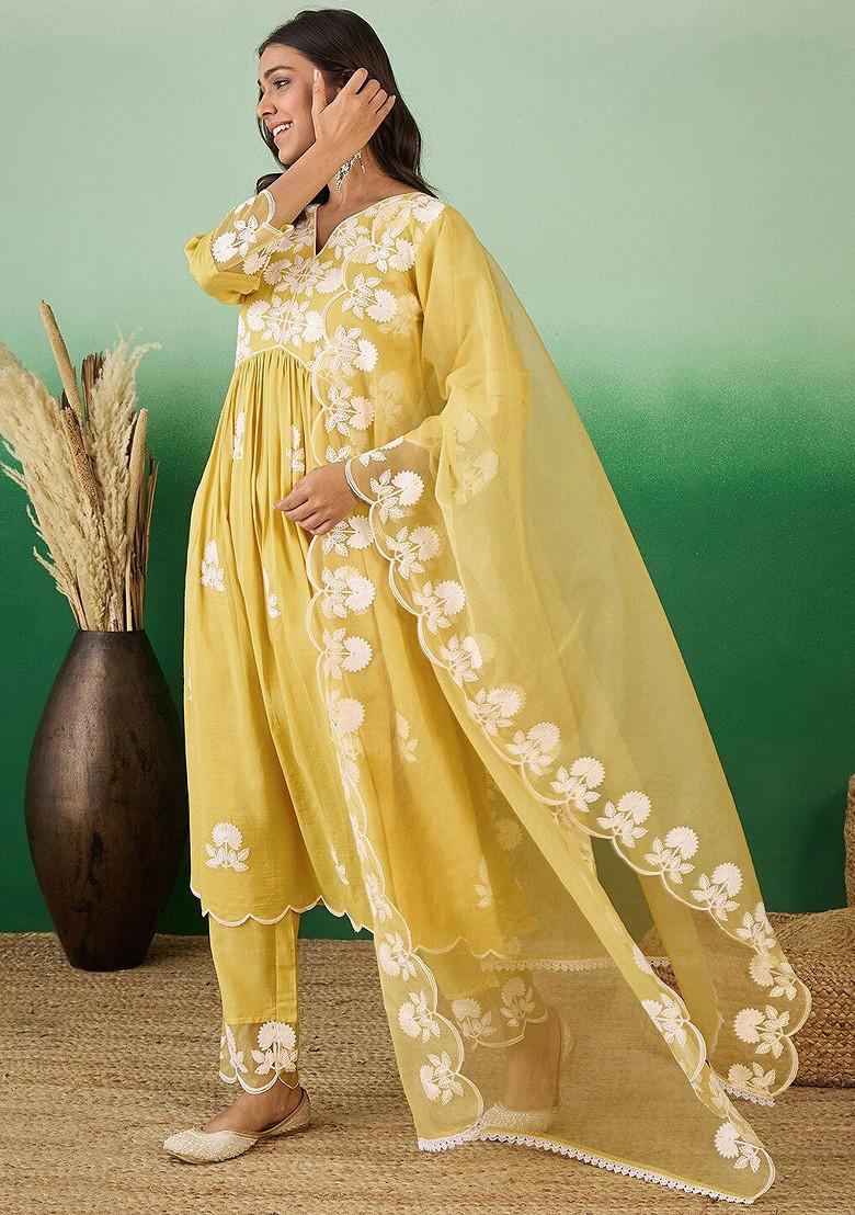 Yellow Embroidered Blended Kurta Set - Indya