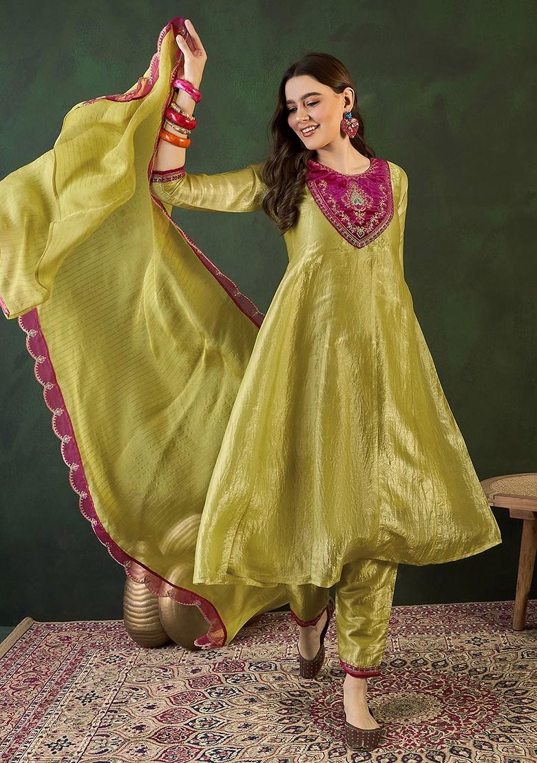 Lime Green Embroidered Blended Kurta Set - Indya