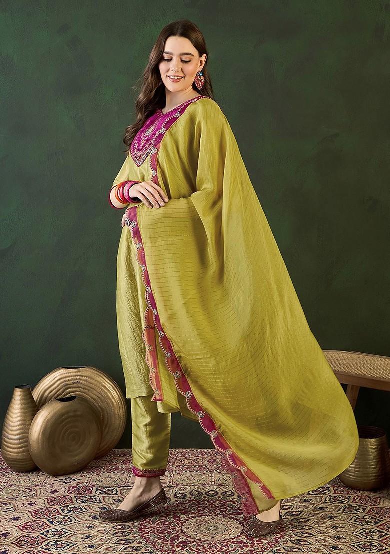 Lime Green Embroidered Blended Kurta Set