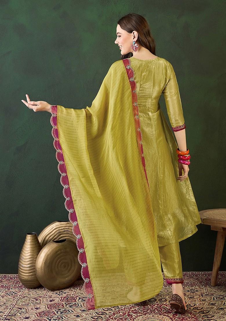 Lime Green Embroidered Blended Kurta Set - Indya