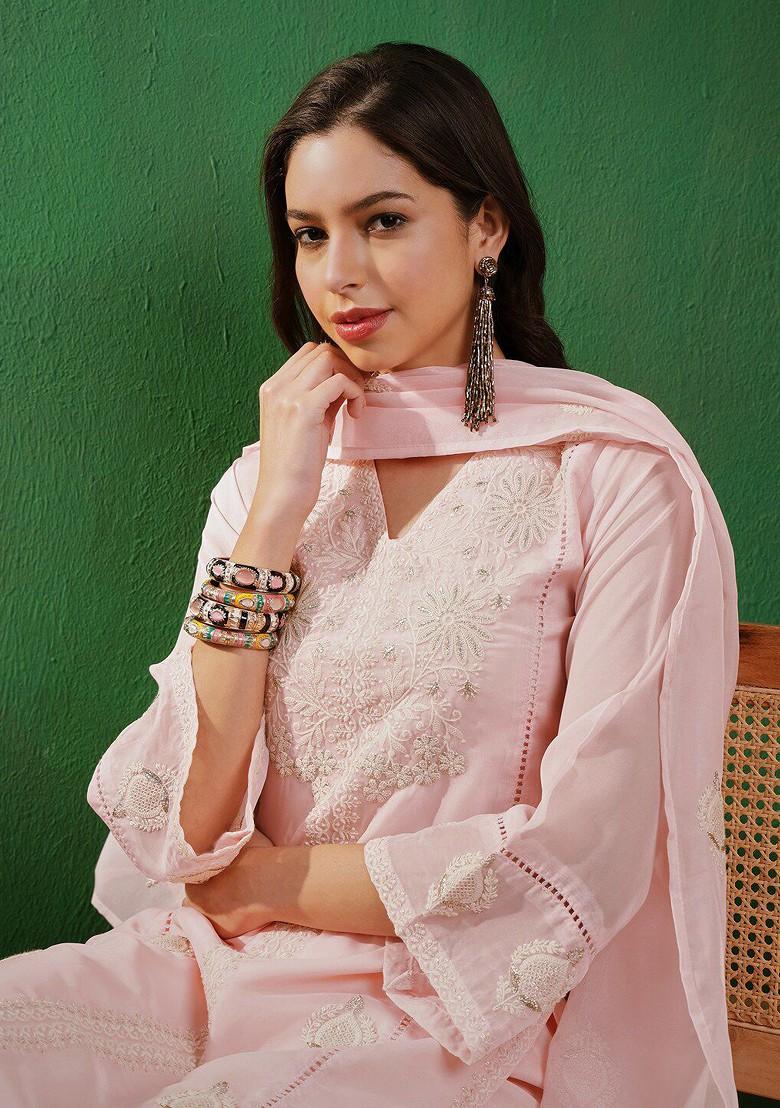 Peach Embroidered Blended Kurta Set - Indya