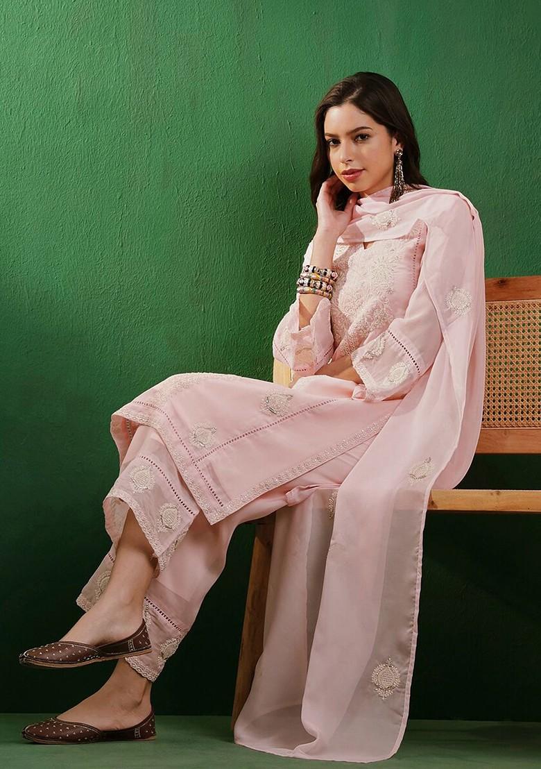 Peach Embroidered Blended Kurta Set - Indya