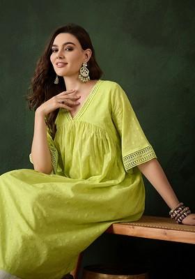 Lime Green Embroidered Blended Kurta Set