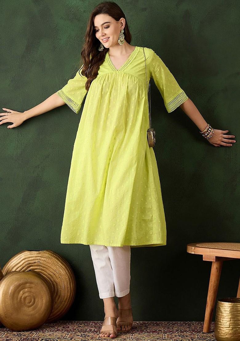 Lime Green Embroidered Blended Kurta Set - Indya