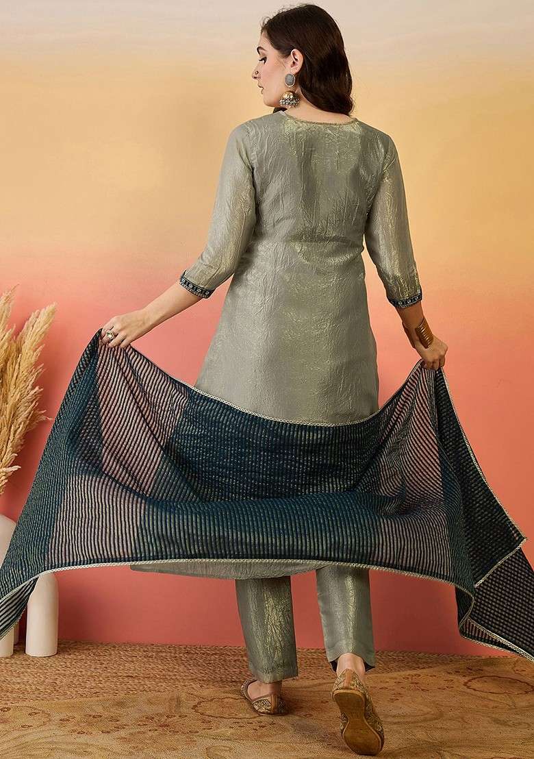 Grey Embroidered Blended Kurta Set - Indya