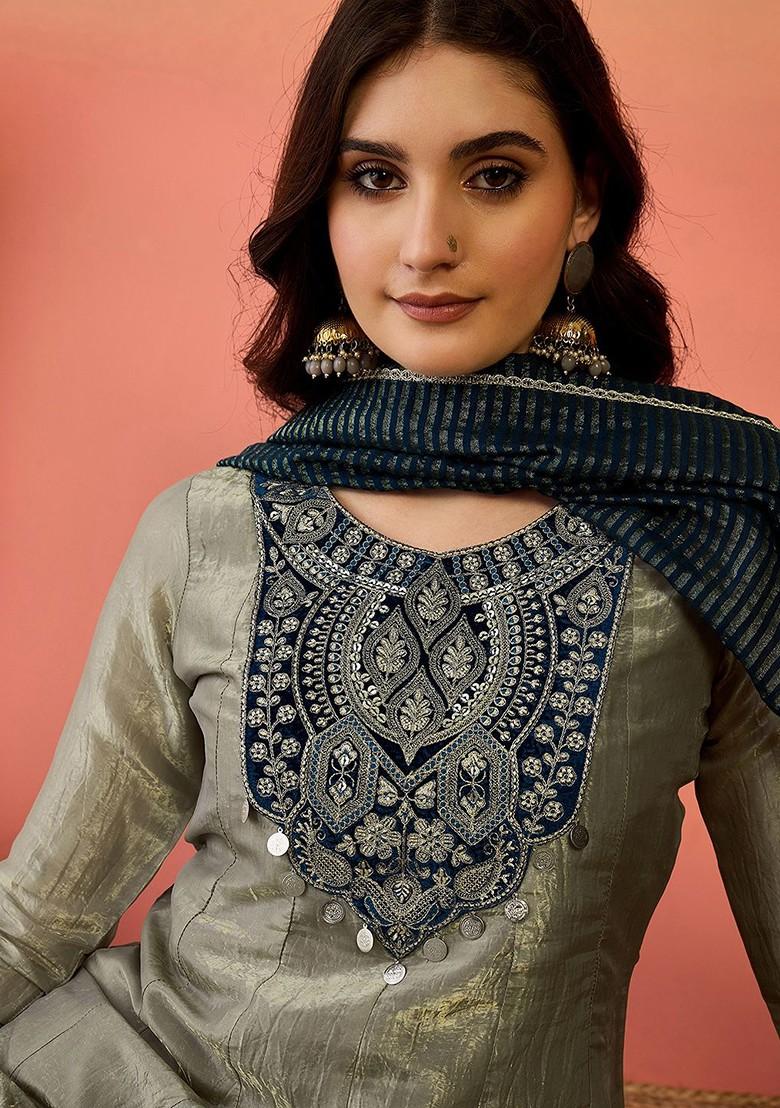 Grey Embroidered Blended Kurta Set - Indya