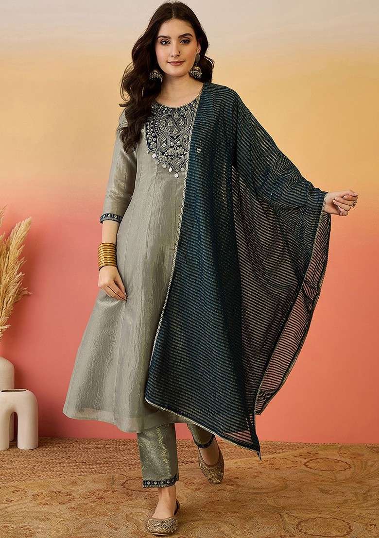Grey Embroidered Blended Kurta Set - Indya