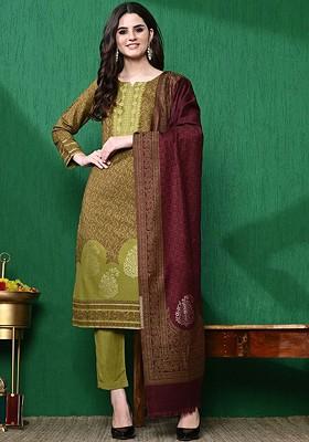 Olive Woven Design Blended Kurta Set
