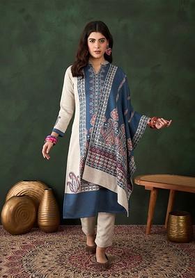 Off White Woven Design Blended Kurta Set