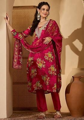 Pink Printed Blended Kurta Set